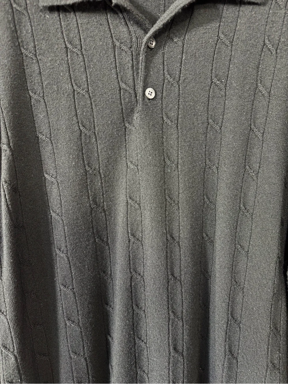 Nordstrom Vintage 90s Men's L Cable Knit Merino Wool Polo Sweater Black